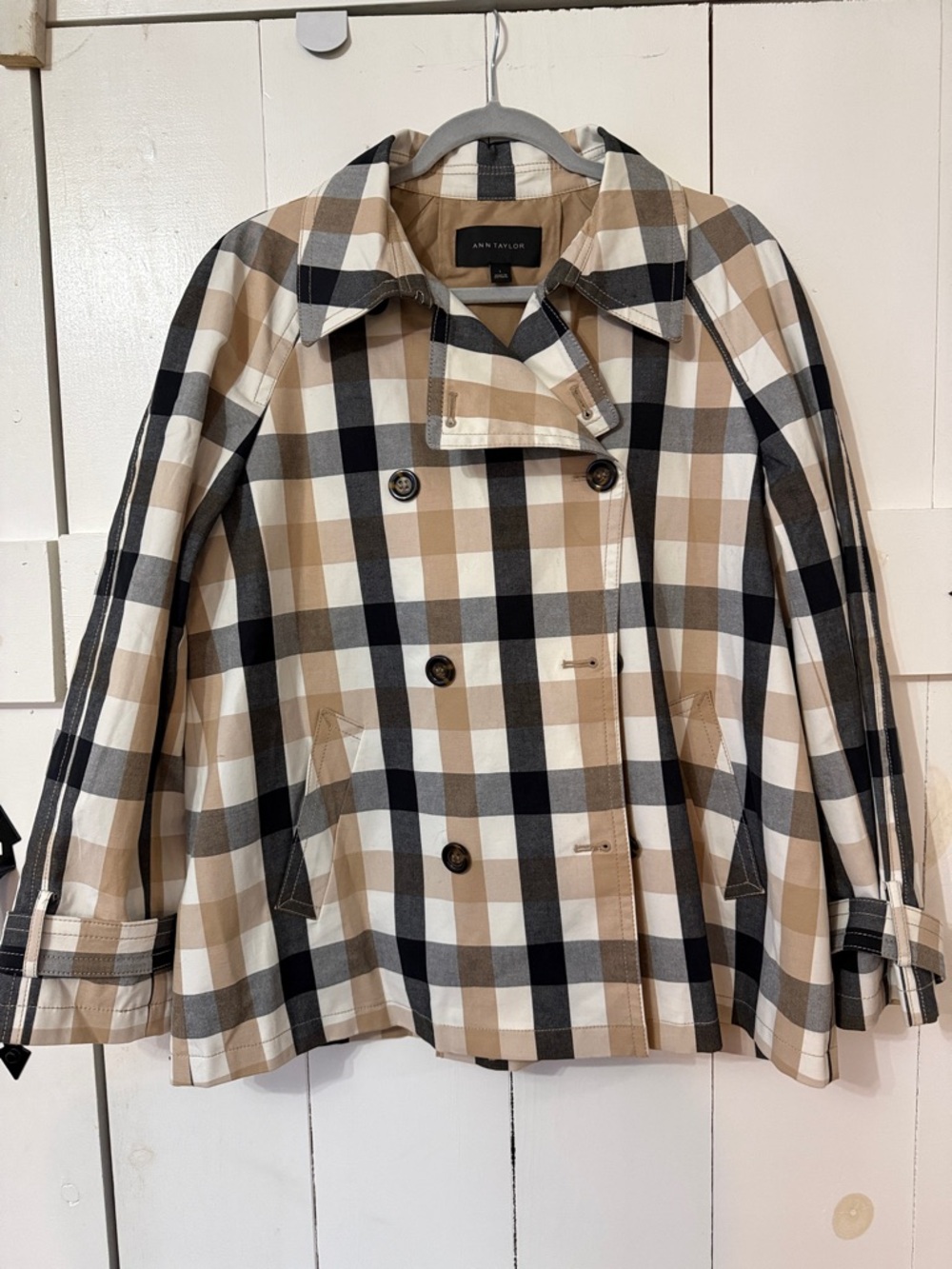 Ann Taylor Plaid Trench Jacket Women Plaid L Double Breasted Mid Length